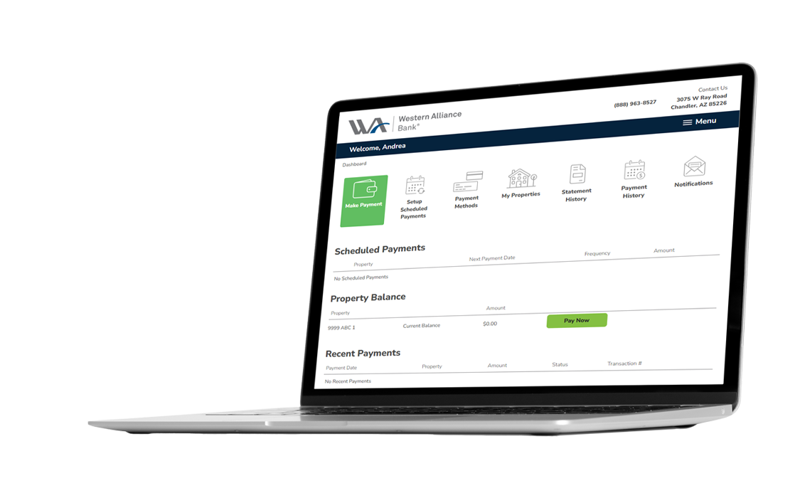 A view of the Western Alliance Bank ePay Portal Dashboard