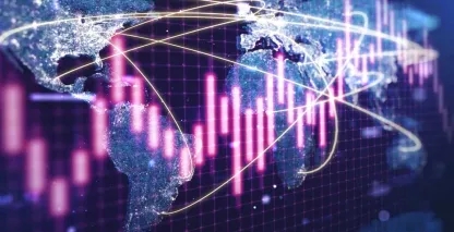 illustration of a stock ticker over a map of the world