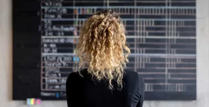 A small business owner writing her business plan out on a blackboard