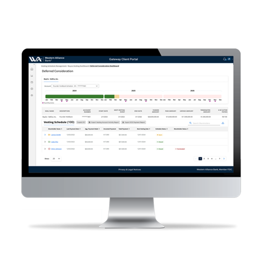 A screenshot of Western Alliance Bank's Deferred Consideration digital platform. 