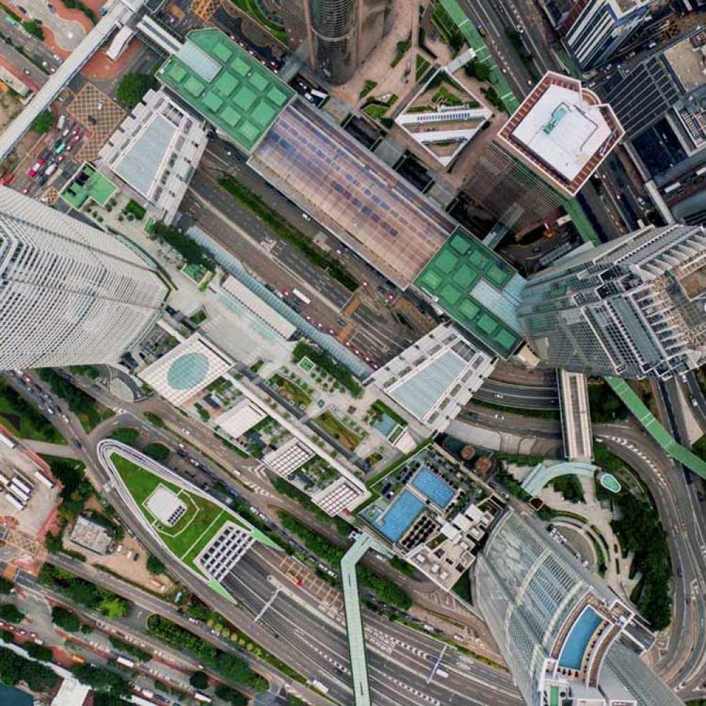 An aerial view of a busy city